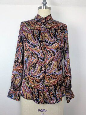 Satin Paisley Blouse Colorful Button Down Shirt Retro 70s Fashion Sz XS Industry